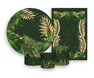 Kit 2 Painéis De Festa + Trio De Capas Cilindro - Tropical Chique Verde com Dourado 009