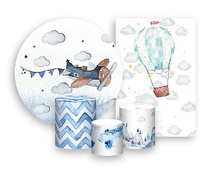 Kit 2 Painéis De Festa + Trio De Capas Cilindro - Aviador Aquarela 001