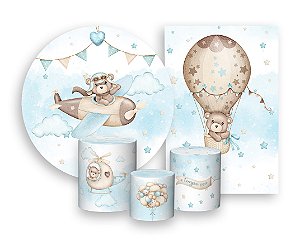 Kit 2 Painéis De Festa + Trio De Capas Cilindro - Urso Baloeiro Azul 003