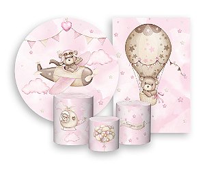 Kit 2 Painéis De Festa + Trio De Capas Cilindro - Urso Baloeiro Rosa 004