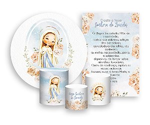 Kit 2 Painéis De Festa + Trio De Capas Cilindro - Nossa Senhora de Lourdes Branco Floral 010