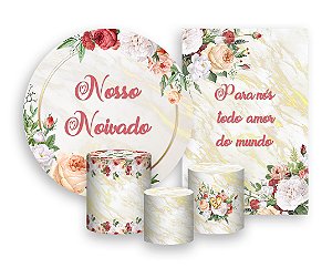 Kit 2 Painéis De Festa + Trio De Capas Cilindro - Nosso Noivado Efeito Mármore 004