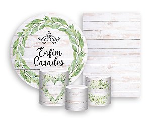 Kit 2 Painéis De Festa + Trio De Capas Cilindro - Enfim Casados Efeito Madeira 007
