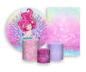 Kit 2 Painéis De Festa + Trio De Capas Cilindro - Efeito Glitter Sereia Corais 002