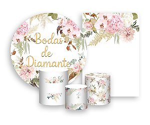 Kit 2 Painéis De Festa + Trio De Capas Cilindro - Bodas de Diamante Floral 010