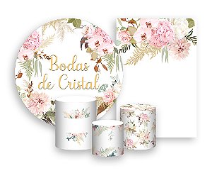 Kit 2 Painéis De Festa + Trio De Capas Cilindro - Bodas de Cristal Floral 011