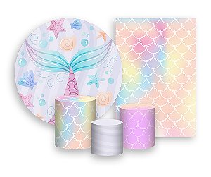 Kit 2 Painéis De Festa + Trio De Capas Cilindro - Cauda Sereia Candy 006