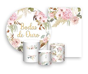 Kit 2 Painéis De Festa + Trio De Capas Cilindro - Bodas de Ouro Floral 013