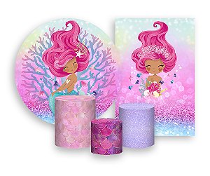 Kit 2 Painéis De Festa + Trio De Capas Cilindro - Efeito Glitter Sereia Rosa 007