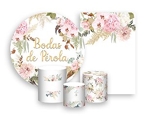 Kit 2 Painéis De Festa + Trio De Capas Cilindro - Bodas de Pérola Floral 014