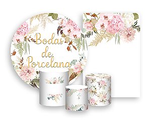 Kit 2 Painéis De Festa + Trio De Capas Cilindro - Bodas de Porcelana Floral 015