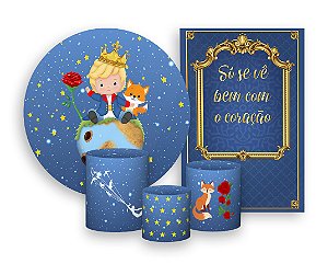 Kit 2 Painéis De Festa + Trio De Capas Cilindro - Pequeno Príncipe Loiro Fundo Azul 007