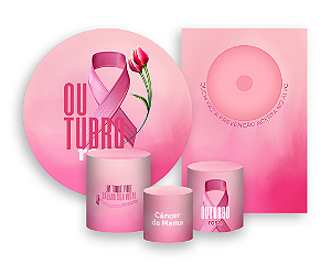 Kit 2 Painéis De Festa + Trio De Capas Cilindro - Outubro Rosa Laço Realista 003