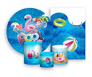 Kit 2 Painéis De Festa + Trio De Capas Cilindro - Pool Party Piscina Flamingo 001