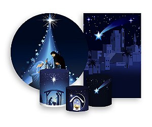 Kit 2 Painéis De Festa + Trio De Capas Cilindro - Sagrada Família Natal Azul 001
