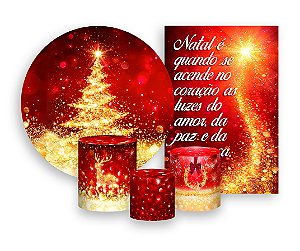 Kit 2 Painéis De Festa + Trio De Capas Cilindro - Natal Vermelho Efeito Glitter Dourado 003