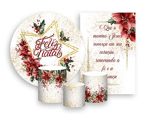 Kit 2 Painéis De Festa + Trio De Capas Cilindro - Natal Folhagens Efeito Glitter 005