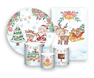 Kit 2 Painéis De Festa + Trio De Capas Cilindro - Papai Noel Cute Aquarela 008