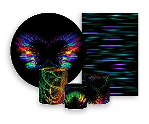 Kit 2 Painéis De Festa + Trio De Capas Cilindro - Asas Coloridas Efeito Neon 001