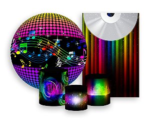 Kit 2 Painéis De Festa + Trio De Capas Cilindro - Notas Musicais Balada Efeito Neon 002