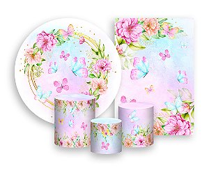 Kit 2 Painéis De Festa + Trio De Capas Cilindro - Borboletas Aquarela Floral 008