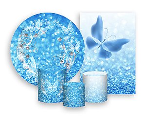 Kit 2 Painéis De Festa + Trio De Capas Cilindro - Borboletas Azul Efeito Glitter 009