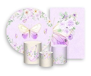 Kit 2 Painéis De Festa + Trio De Capas Cilindro - Borboleta Lilás e Bege 010