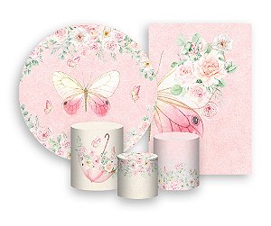 Kit 2 Painéis De Festa + Trio De Capas Cilindro - Borboleta Rosa e Bege 011