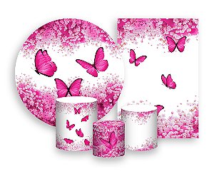 Kit 2 Painéis De Festa + Trio De Capas Cilindro - Borboletas Floral Pink 013