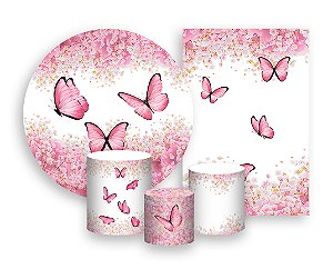 Kit 2 Painéis De Festa + Trio De Capas Cilindro - Borboletas Floral Rosa 014