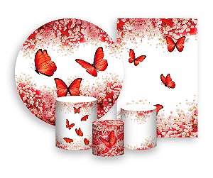 Kit 2 Painéis De Festa + Trio De Capas Cilindro - Borboletas Floral Vermelho 017