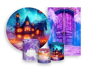 Kit 2 Painéis De Festa + Trio De Capas Cilindro - Halloween Realista Castelo 006