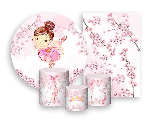 Kit 2 Painéis De Festa + Trio De Capas Cilindro - Bailarina Flores Rosas 004