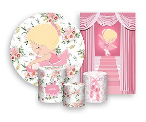 Kit 2 Painéis De Festa + Trio De Capas Cilindro - Bailarina Alongando Rosa 011