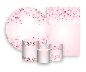 Kit 2 Painéis De Festa + Trio De Capas Cilindro - Flor de Cerejeira Rosa Suave 014