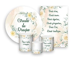 Kit 2 Painéis De Festa + Trio De Capas Cilindro -  Circulo de Oração Bege Floral 005