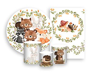 Kit 2 Painéis De Festa + Trio De Capas Cilindro - Bosque Animais e Folhagens 002