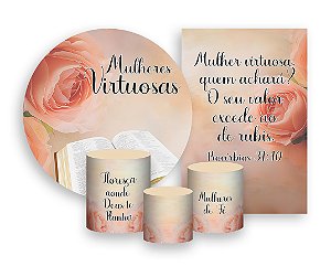 Kit 2 Painéis De Festa + Trio De Capas Cilindro - Culto de Mulheres Virtuosas Bíblia 014