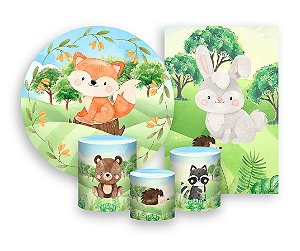 Kit 2 Painéis De Festa + Trio De Capas Cilindro - Bosque Animais Aquarela 004