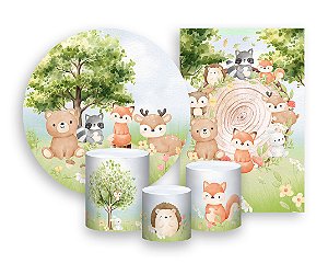 Kit 2 Painéis De Festa + Trio De Capas Cilindro - Bosque Aquarela Animais Cute 005