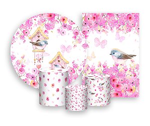 Kit 2 Painéis De Festa + Trio De Capas Cilindro - Jardim de Passarinhos e Flores 005