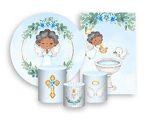 Kit 2 Painéis De Festa + Trio De Capas Cilindro - Batizado Anjinho Floral 008