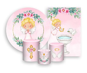 Kit 2 Painéis De Festa + Trio De Capas Cilindro - Batizado Anjinha Cute 010