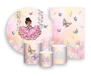 Kit 2 Painéis De Festa + Trio De Capas Cilindro - Jardim Com Princesa no Balanço 008