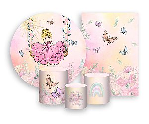 Kit 2 Painéis De Festa + Trio De Capas Cilindro - Jardim Com Princesa Loira 009