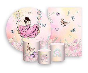 Kit 2 Painéis De Festa + Trio De Capas Cilindro - Jardim Com Princesa Morena 010