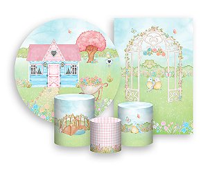 Kit 2 Painéis De Festa + Trio De Capas Cilindro - Jardim Aquarela Com Casinha 013