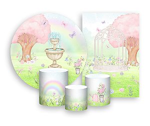 Kit 2 Painéis De Festa + Trio De Capas Cilindro - Jardim Aquarela Rosa e Lilás 014