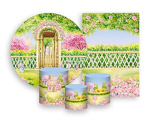 Kit 2 Painéis De Festa + Trio De Capas Cilindro - Jardim Porta Flores Rosas 018