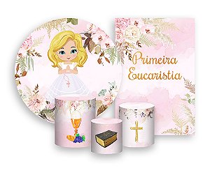 Kit 2 Painéis De Festa + Trio De Capas Cilindro - Menina Primeira Comunhão Rosa 015